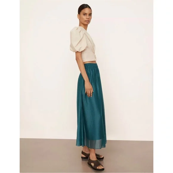 VINCE | $295 Smocked-Waist Gathered Skirt in Dark Blue Waltz, Size Small - Picture 3 of 11
